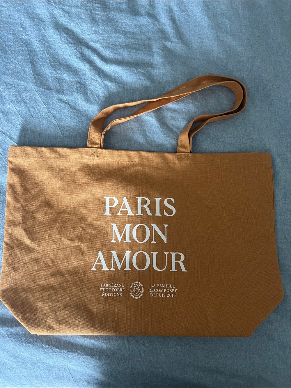 Sezane Tan Canvas Tote with White Paris Mon Amour Text